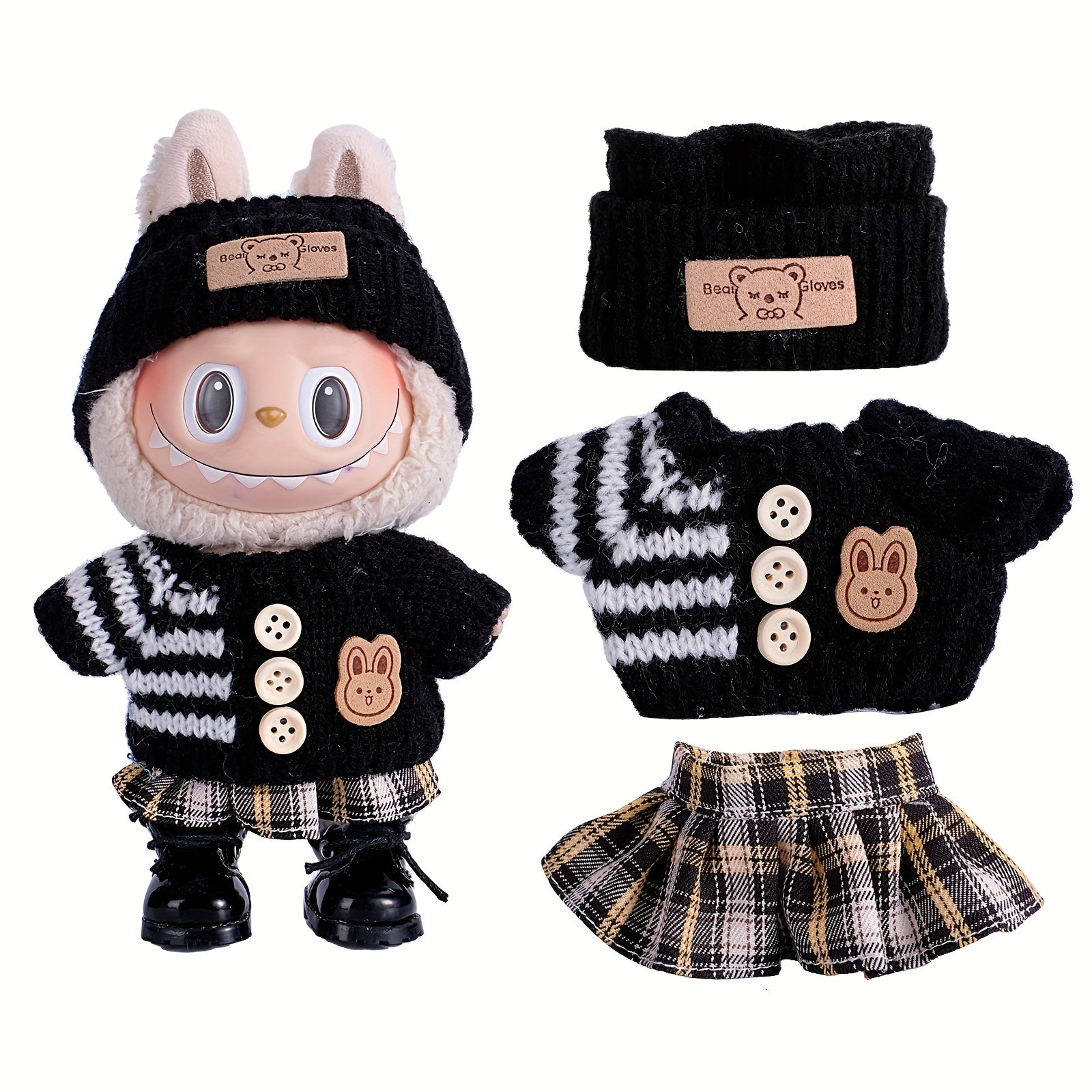 6.69inch Doll Clothes For Labubu With 3 Outfits - Stylish Fisherman Hat & Sweaters & Pants Or Skirt Set For 6.69inch Dolls, Adorable Labubu Accessories For Play & Display (Not Included Shoes & Doll)