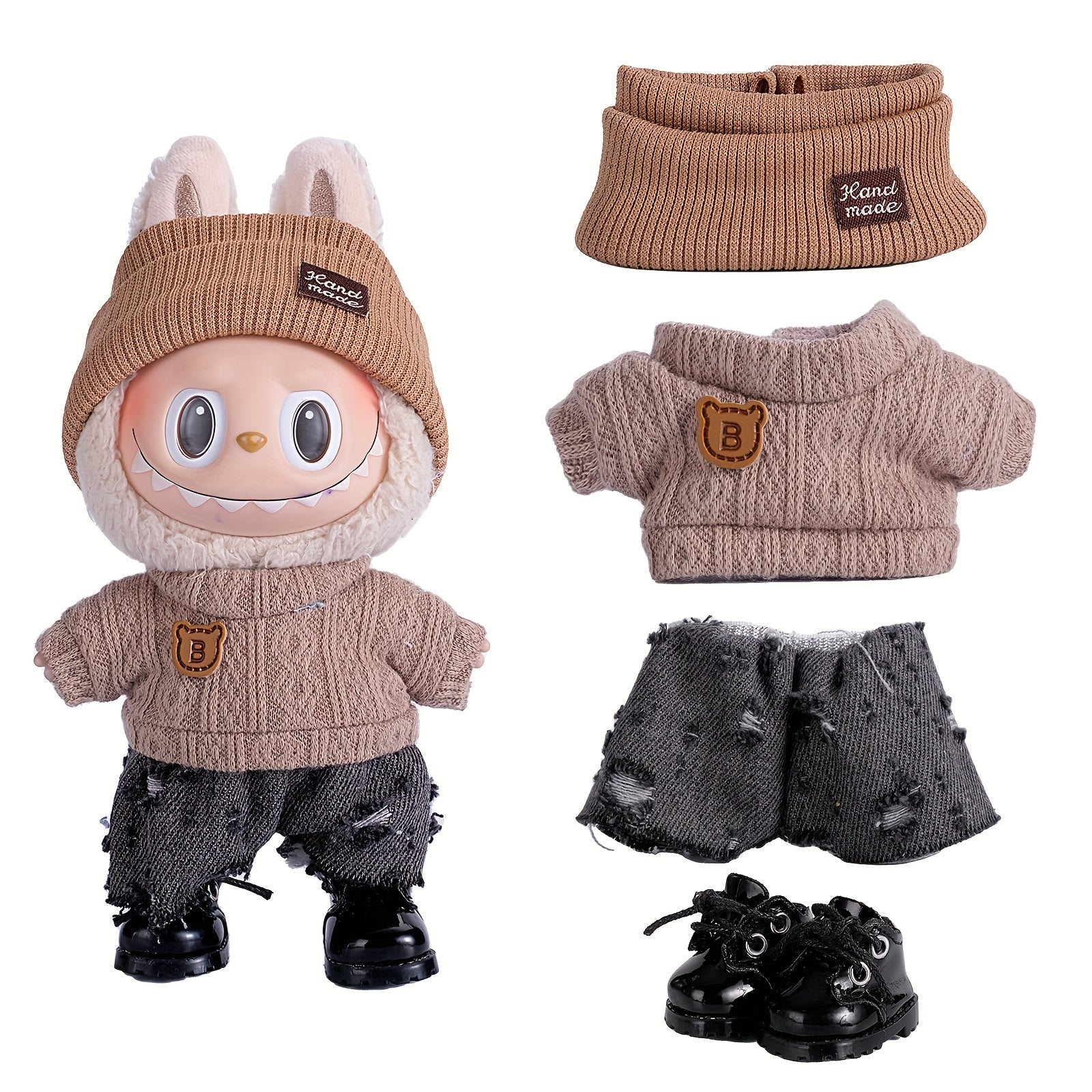 6.69inch Doll Clothes For Labubu With 3 Outfits - Stylish Fisherman Hat & Sweaters & Pants Or Skirt Set For 6.69inch Dolls, Adorable Labubu Accessories For Play & Display (Not Included Shoes & Doll)