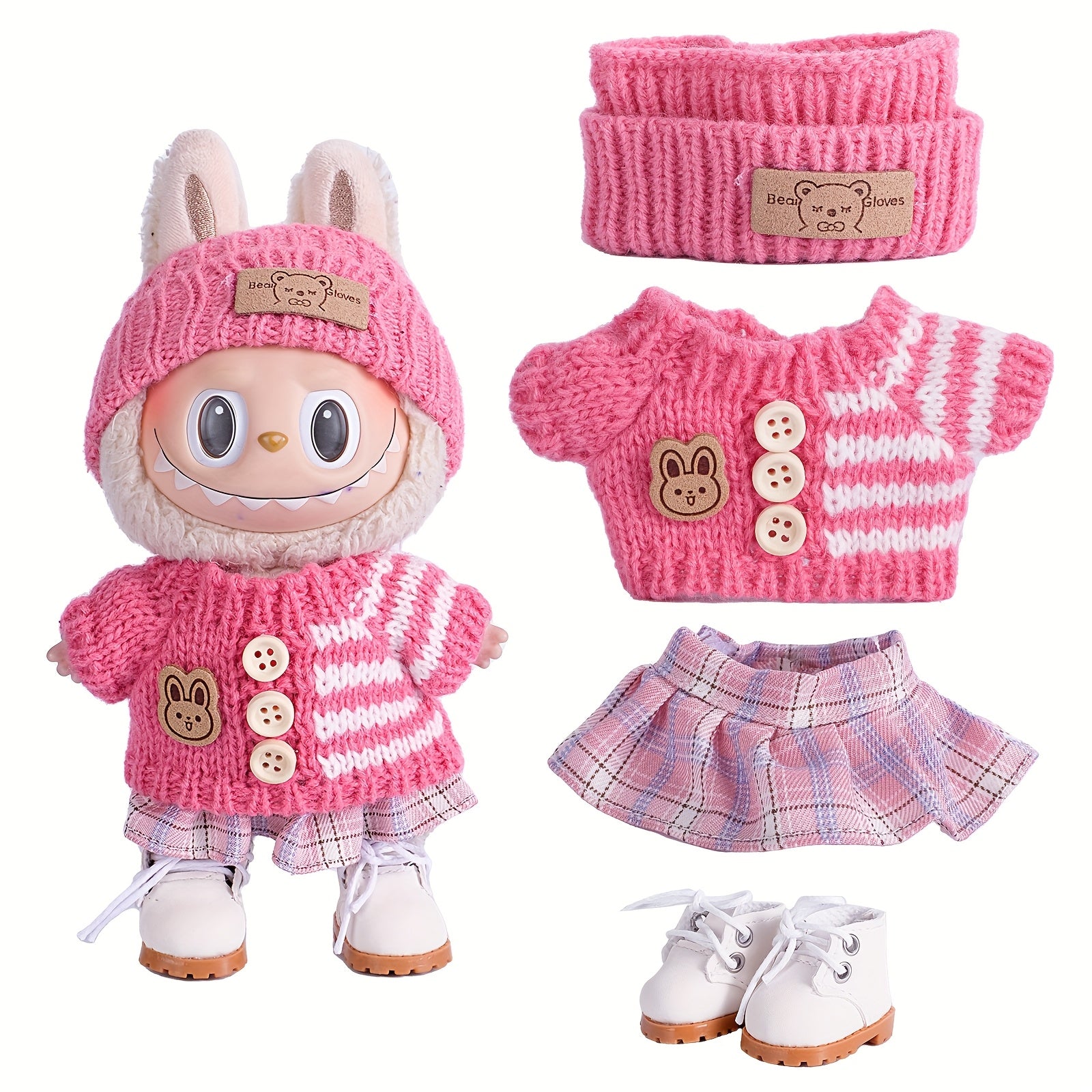 6.69inch Doll Clothes For Labubu With 3 Outfits - Stylish Fisherman Hat & Sweaters & Pants Or Skirt Set For 6.69inch Dolls, Adorable Labubu Accessories For Play & Display (Not Included Shoes & Doll)