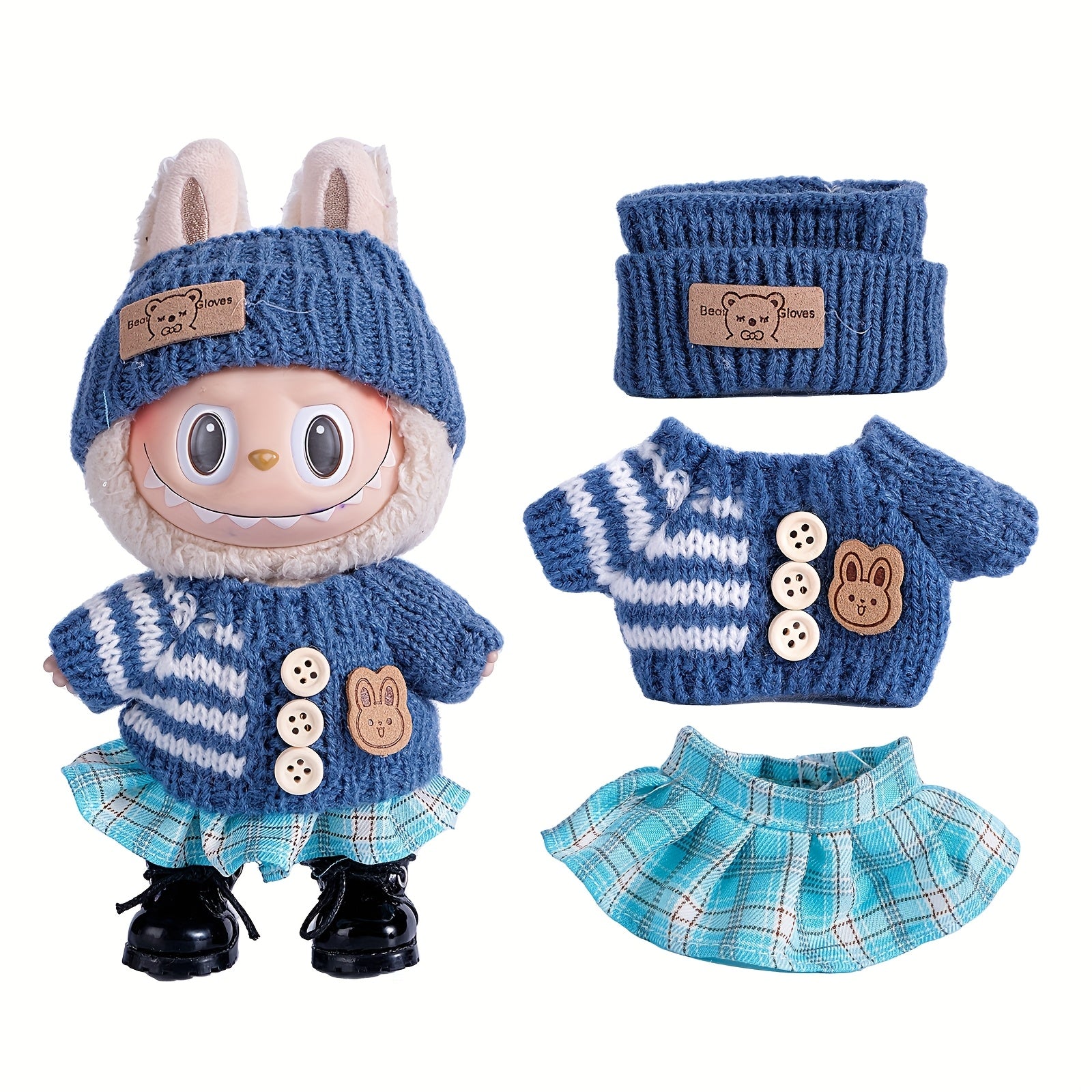 6.69inch Doll Clothes For Labubu With 3 Outfits - Stylish Fisherman Hat & Sweaters & Pants Or Skirt Set For 6.69inch Dolls, Adorable Labubu Accessories For Play & Display (Not Included Shoes & Doll)