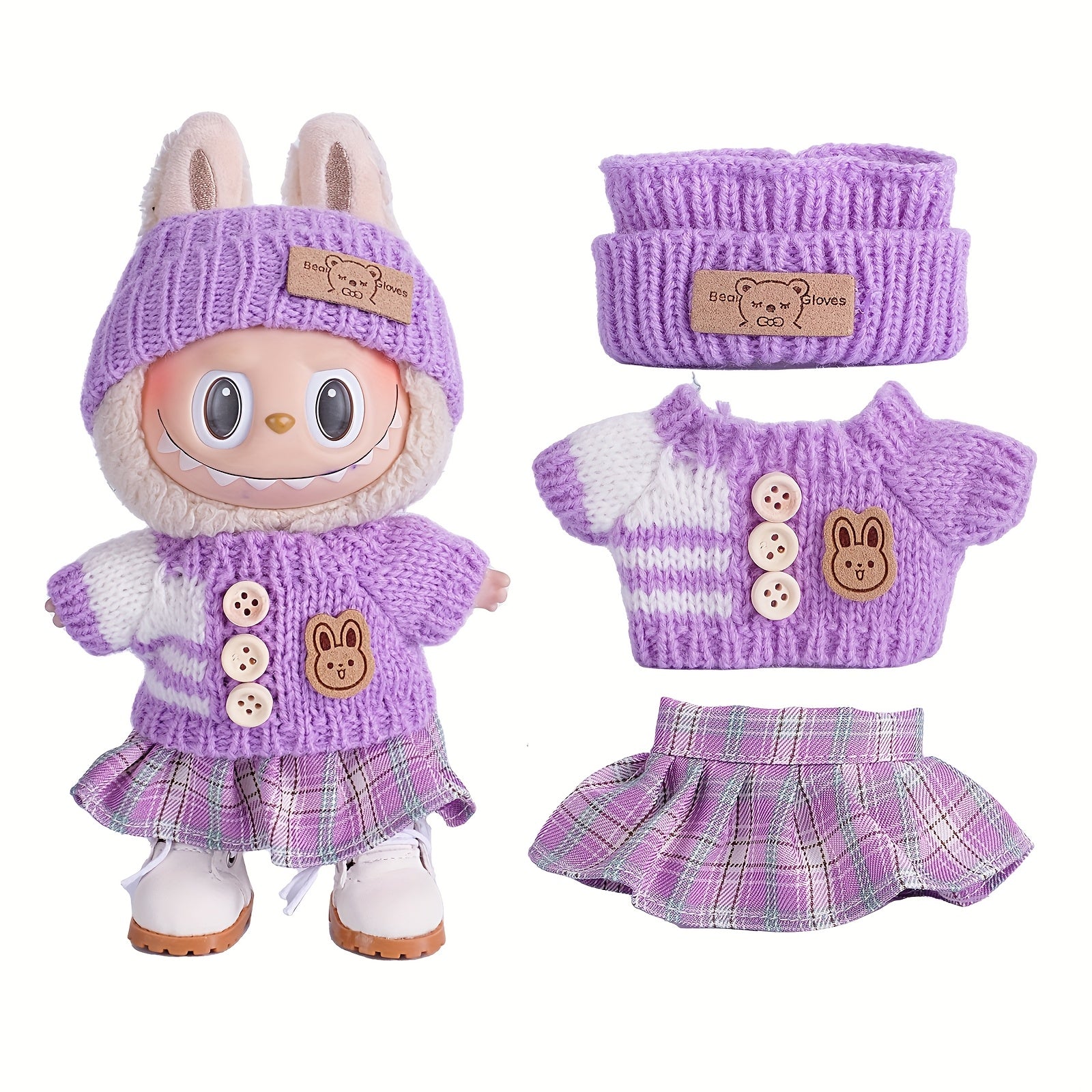 6.69inch Doll Clothes For Labubu With 3 Outfits - Stylish Fisherman Hat & Sweaters & Pants Or Skirt Set For 6.69inch Dolls, Adorable Labubu Accessories For Play & Display (Not Included Shoes & Doll)