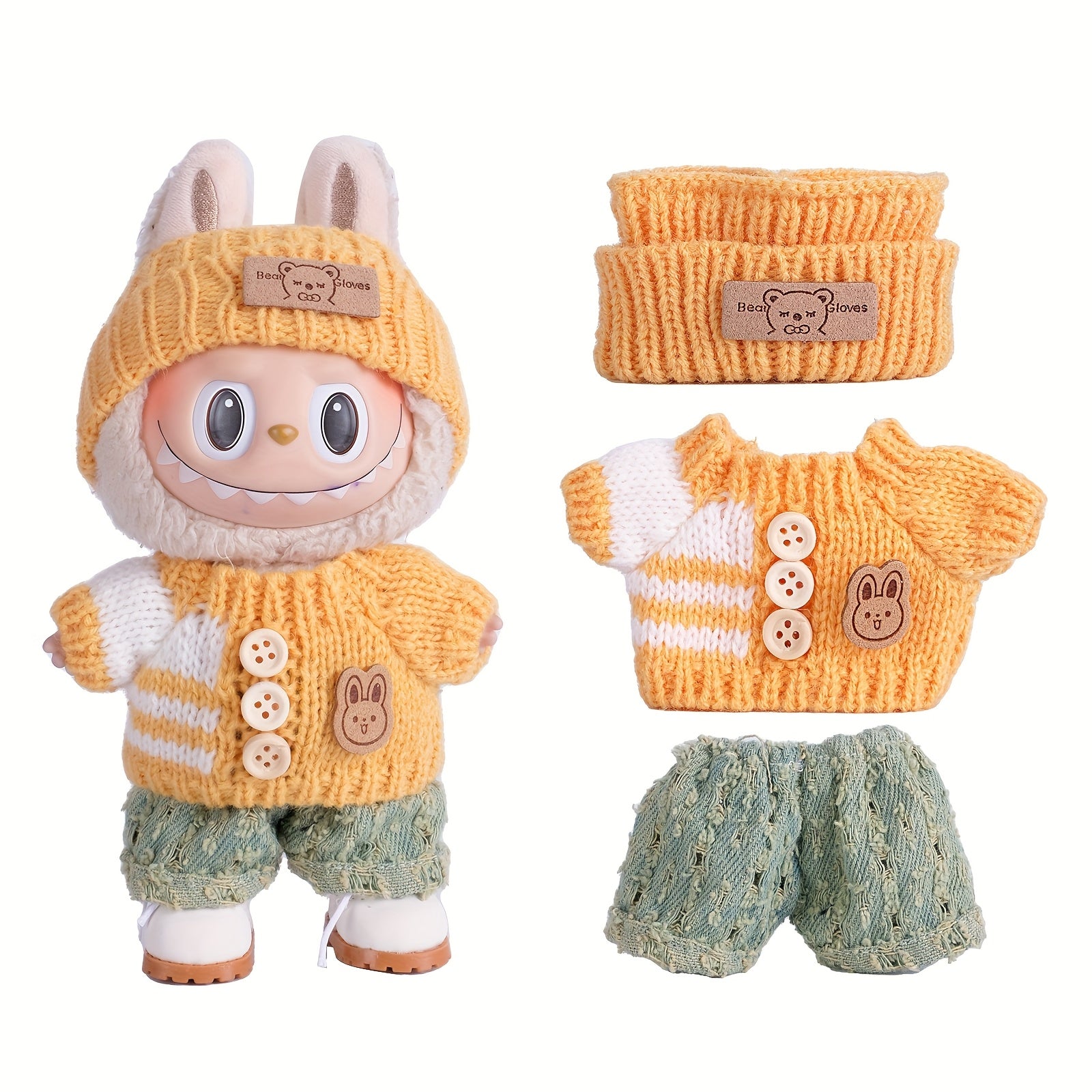 6.69inch Doll Clothes For Labubu With 3 Outfits - Stylish Fisherman Hat & Sweaters & Pants Or Skirt Set For 6.69inch Dolls, Adorable Labubu Accessories For Play & Display (Not Included Shoes & Doll)