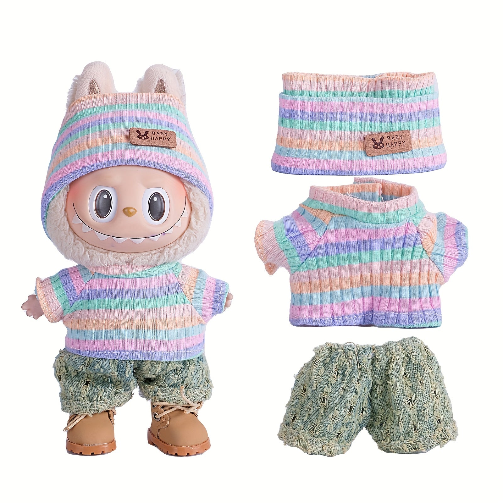 6.69inch Doll Clothes For Labubu With 3 Outfits - Stylish Fisherman Hat & Sweaters & Pants Or Skirt Set For 6.69inch Dolls, Adorable Labubu Accessories For Play & Display (Not Included Shoes & Doll)