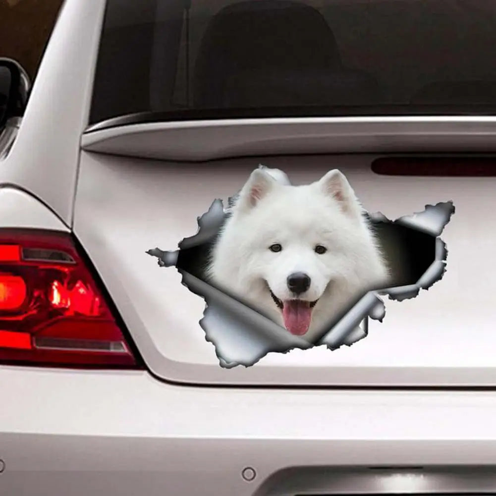 3D Lovely Pet Dog Car Sticker Pug Samoyed Dachshund Dog Torn Metal Sticker Waterproof Car Styling Pet Dog Decal 8x4inch