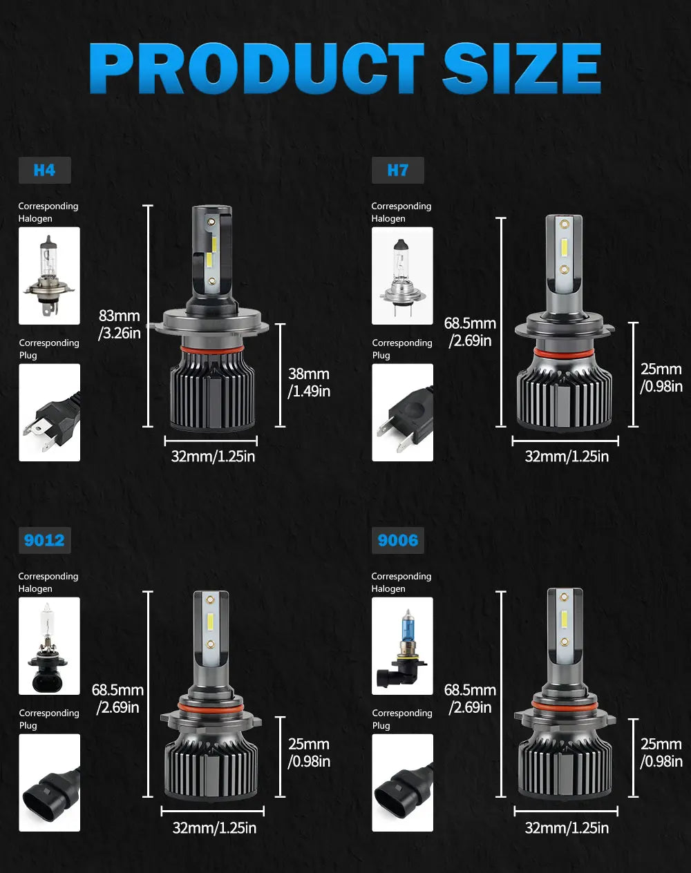 BEVINSEE H7 H1 LED Headlight Bulbs H4 9004 9007 9008 Hi-Lo Beam H11 H3 HB3 9005 HB4 9006 880 881 LED Fog Lights 50W 6000LM 12V