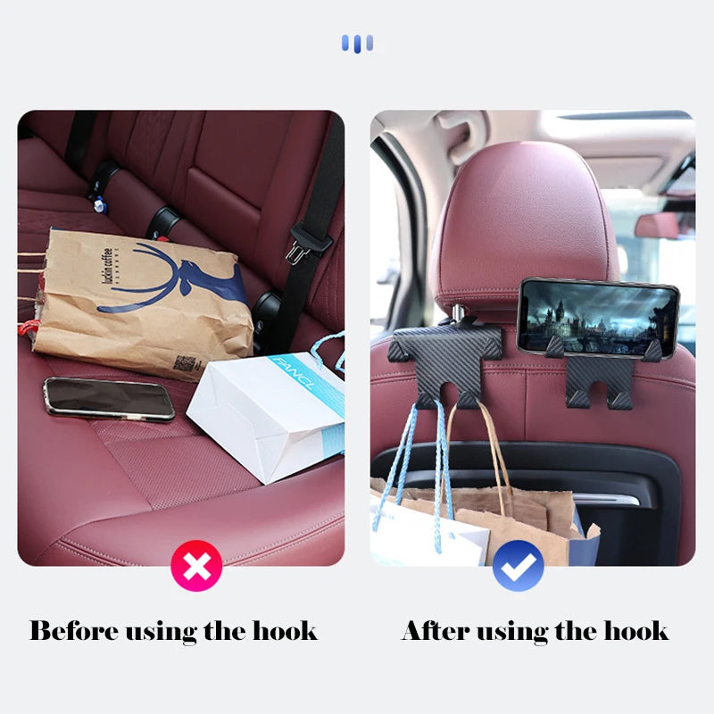 Car Seat Headrest Hook Carbon Fiber Universal Mobile Phone Holder Vehicle Holder Handbag Purse Coat Car Interior Accessories