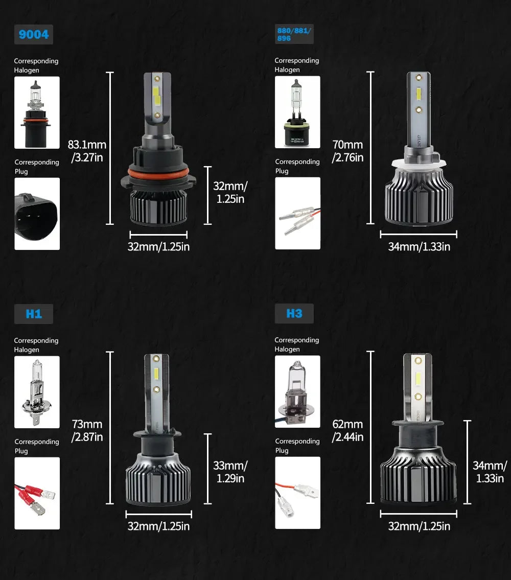BEVINSEE H7 H1 LED Headlight Bulbs H4 9004 9007 9008 Hi-Lo Beam H11 H3 HB3 9005 HB4 9006 880 881 LED Fog Lights 50W 6000LM 12V