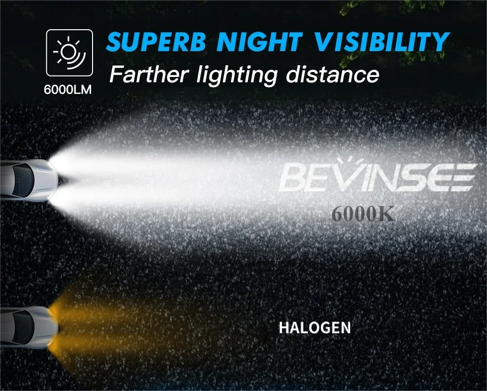 BEVINSEE H7 H1 LED Headlight Bulbs H4 9004 9007 9008 Hi-Lo Beam H11 H3 HB3 9005 HB4 9006 880 881 LED Fog Lights 50W 6000LM 12V