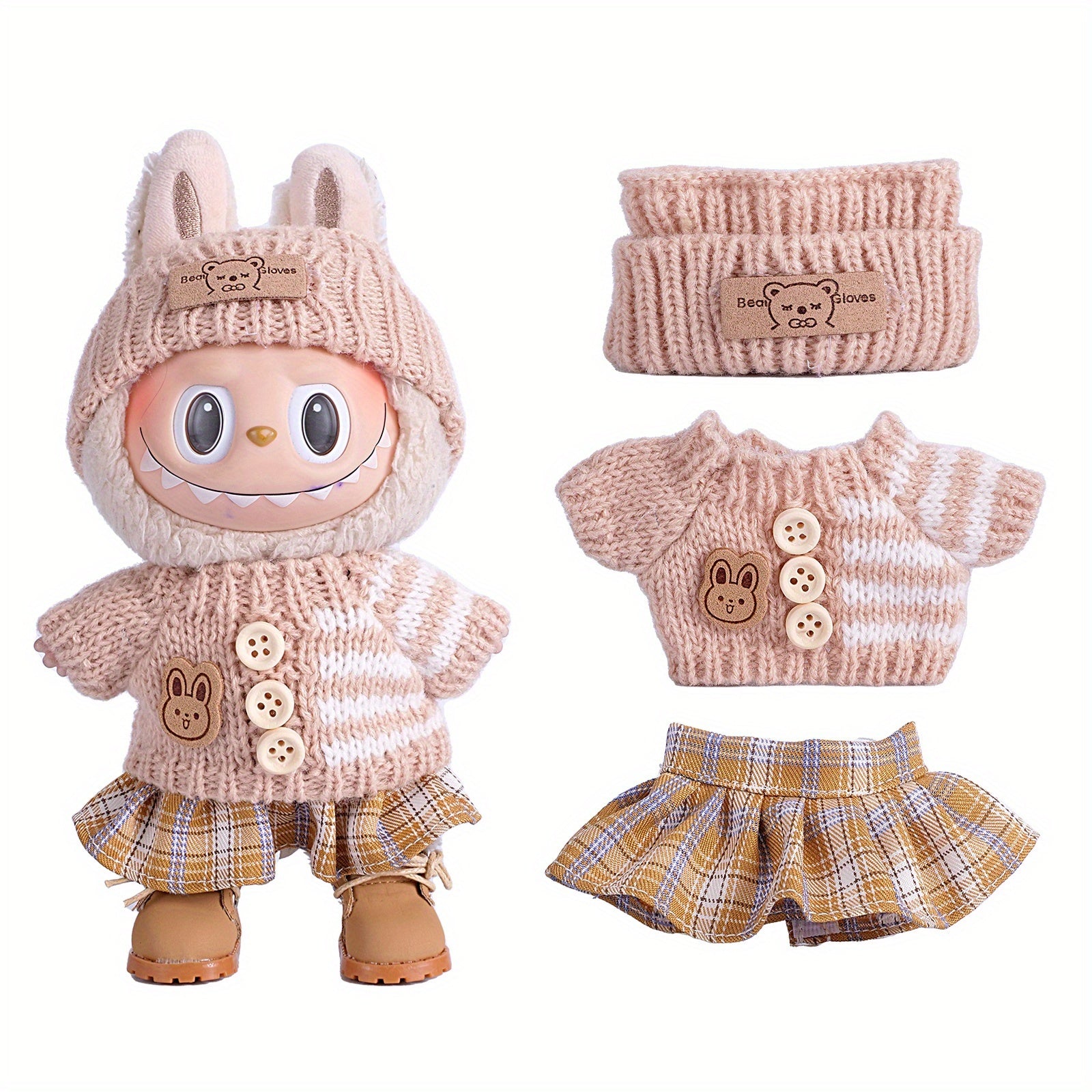 6.69inch Doll Clothes For Labubu With 3 Outfits - Stylish Fisherman Hat & Sweaters & Pants Or Skirt Set For 6.69inch Dolls, Adorable Labubu Accessories For Play & Display (Not Included Shoes & Doll)
