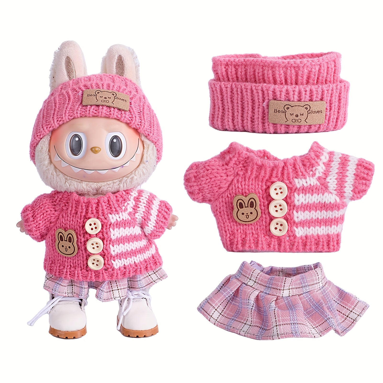 6.69inch Doll Clothes For Labubu With 3 Outfits - Stylish Fisherman Hat & Sweaters & Pants Or Skirt Set For 6.69inch Dolls, Adorable Labubu Accessories For Play & Display (Not Included Shoes & Doll)